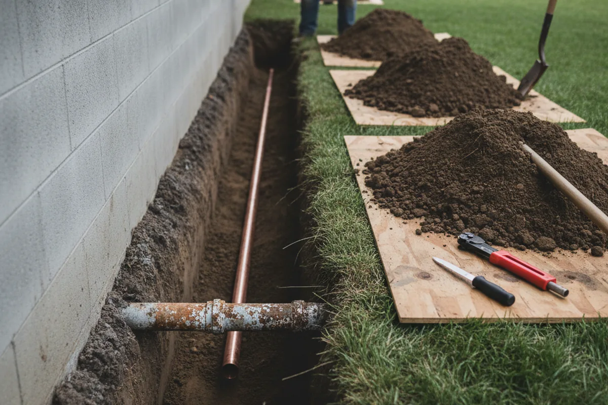 Excavated water line trench during Water Heater Repair in Dillsboro